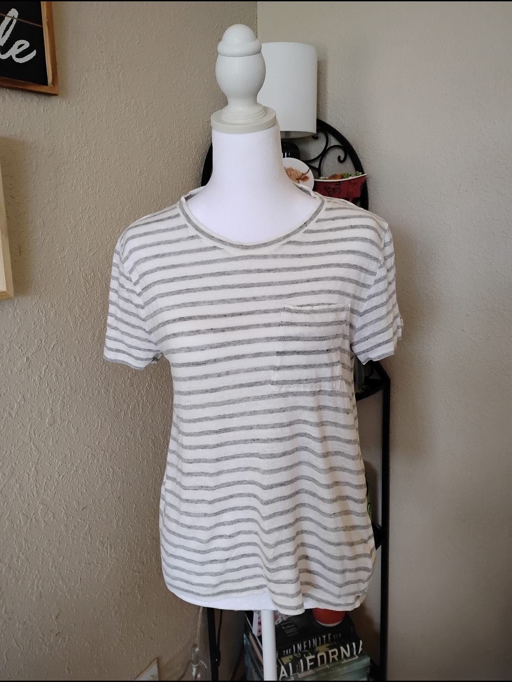 J. Crew White Linen Tee with Light Gray Stripes
